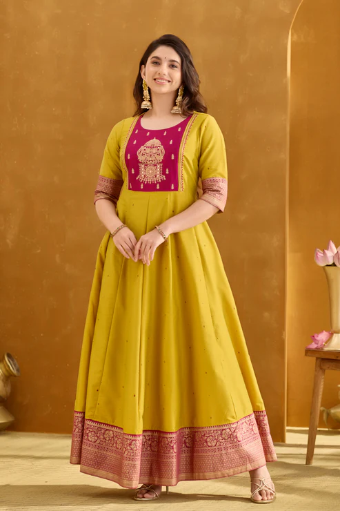 Lemon Green Anarkali with Muthukuda Embroidery Yoke & Brocade Border